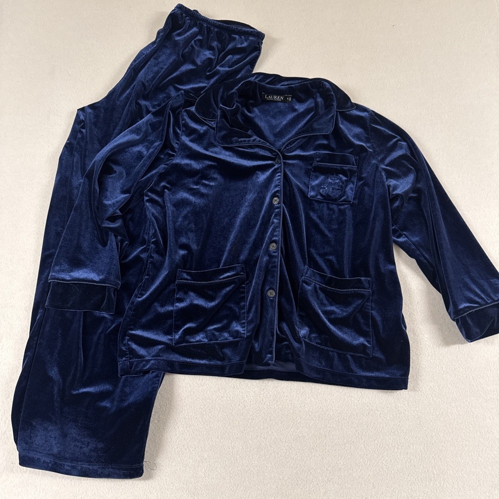 Lauren Ralph Lauren 2 Piece Pajama Set Pants Top Velour Blue Monogram Sz XL READ
